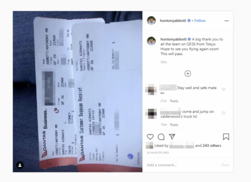 Tony Abbott's since-deleted Instagram post of his boarding pass. 