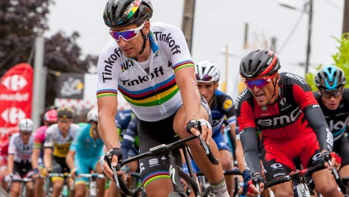 World Champion Peter Sagan (tinkoff) is lead over the top of the final climb by team mate Roman KREUZIGER.