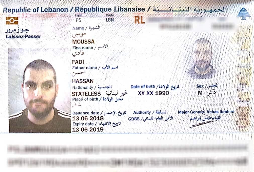A travel document given to him by the Lebanese authorities in 2018.