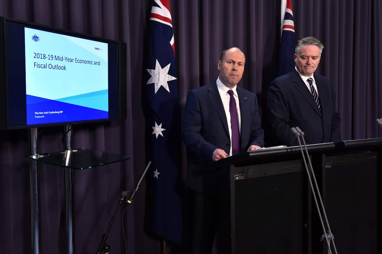 Treasurer Josh Frydenberg and Minister for Finance Mathias Cormann during a press conference as they hand down the Mid-Year Economic and Fiscal Outlook 2018/19