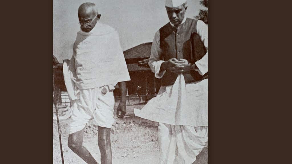 Mahatma Gandhi and Jawaharlal Nehru, at Sevagram a village in the state of Maharashtra, India.