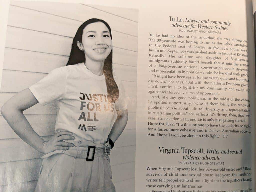 Năm 2021, Tú Lê được Tạp chí Vogue Australia bình chọn là 1 trong 21 phụ nữ truyền cảm hứng nhất nước Úc