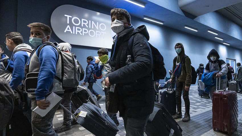 Covid-19 prevention misures are taken in Italy by so many people, here some persons, wearing a mask, are arriving to 'Sandro Pertini Airport' on February 28th, 2020 , in Turin Italy. Photo by Marco Piovanotto/ABACAPRESS.COM.
