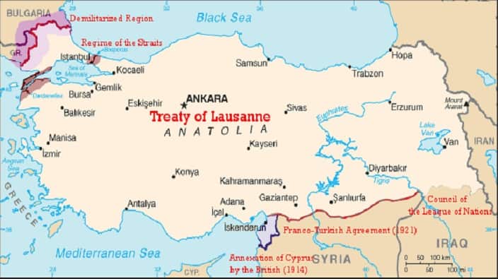 Borders of Turkey set by the Treaty of Lausanne.