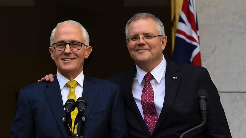 Malcolm Turnbull and Scott Morrison speak to the media together during a press conference in August, 2018. 