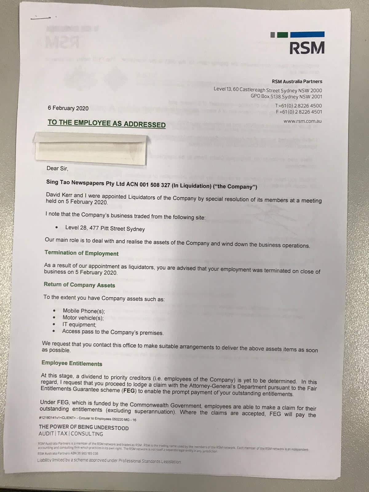 Letter to Sing Tao Australia employees