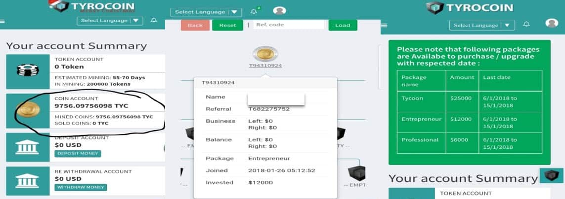 Screenshots of investment plans of Tyrocoin as provided by Mr Verma.