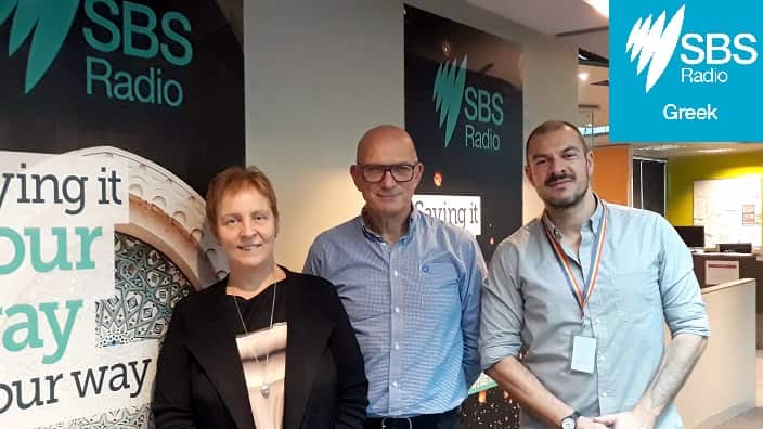 Victorian Responsible Gambling Foundation CEO, Louise Glanville, VRGF board member, Tass Mousaferiadis and SBS Greek's Panos Apostolou.