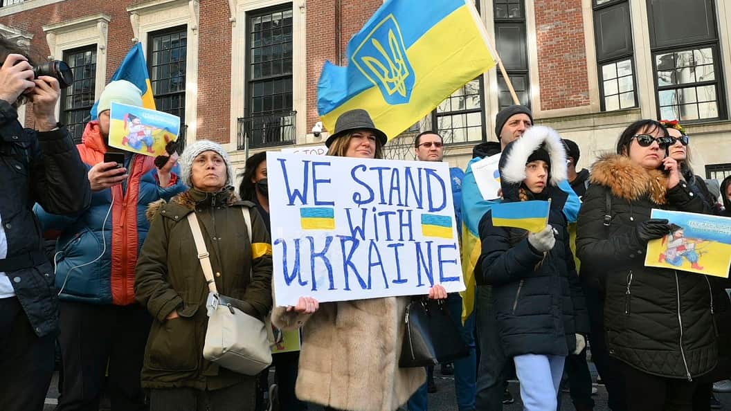Ukrainian residents gather in front of the Russian Consulate General in New York on Feb. 27, 2022