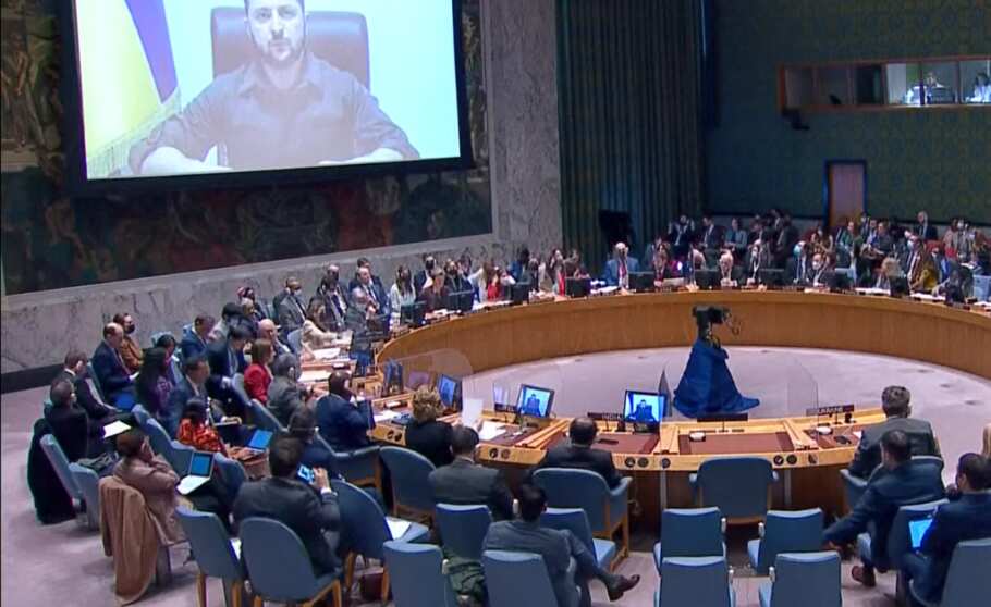 Ukrainian President Volodymyr Zelensky in his speech at the UN Security Council.