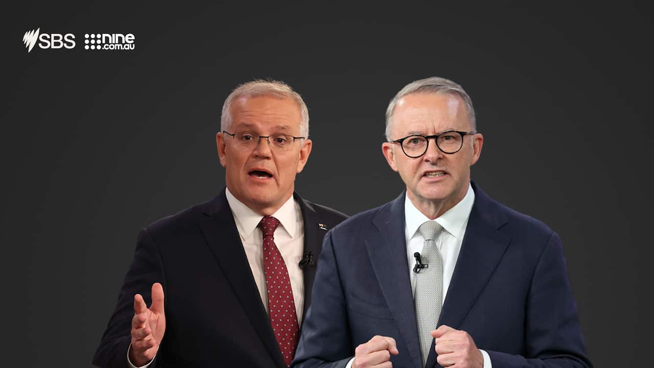Prime Minister Scott Morrison and (right) Australian Opposition Leader Anthony Albanese