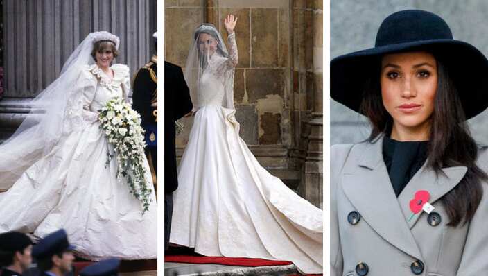 Collage,Princess Diana wedding, Kate Middleton, Meghan Markle bride to be