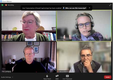 PGS Angela Scarino, GS Ingrid Piller, GS Pasi Sahlberg, GS Jo Lo Bianco (từ trái qua phải,  trên xuống dưới) tại Hội thảo Quốc tế về Giáo dục ngôn ngữ cộng đồng 2021