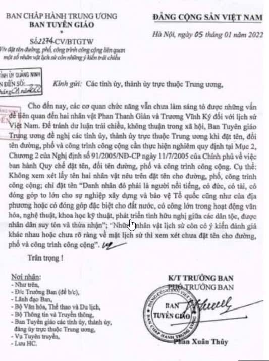 Văn bản Tuyên Giáo cấm lấy tên Trương Vĩnh Ký và Phan Thanh Giản đặt tên đường và các công trình công cộng
