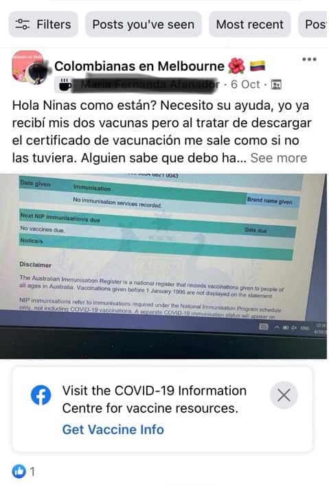Screenshot of a post on a community Facebook page Colombians in Melbourne.