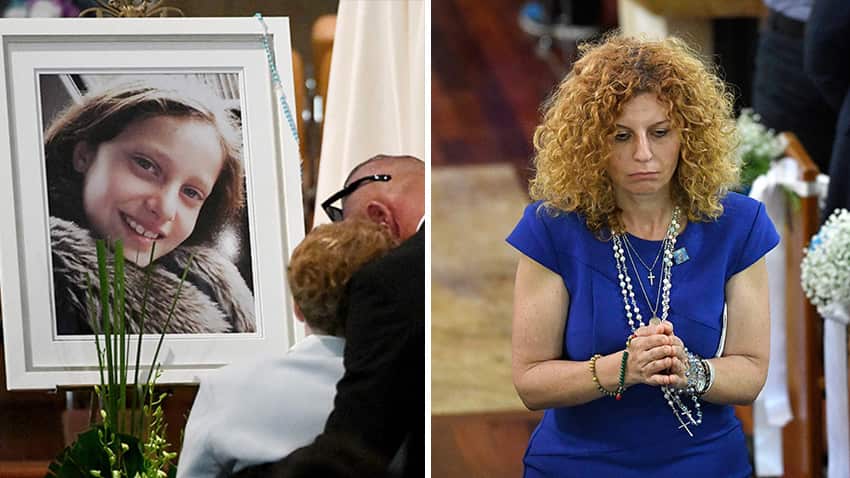 Victim Veronique Sakr picture left and her mother Bridget Sakr praying in church.