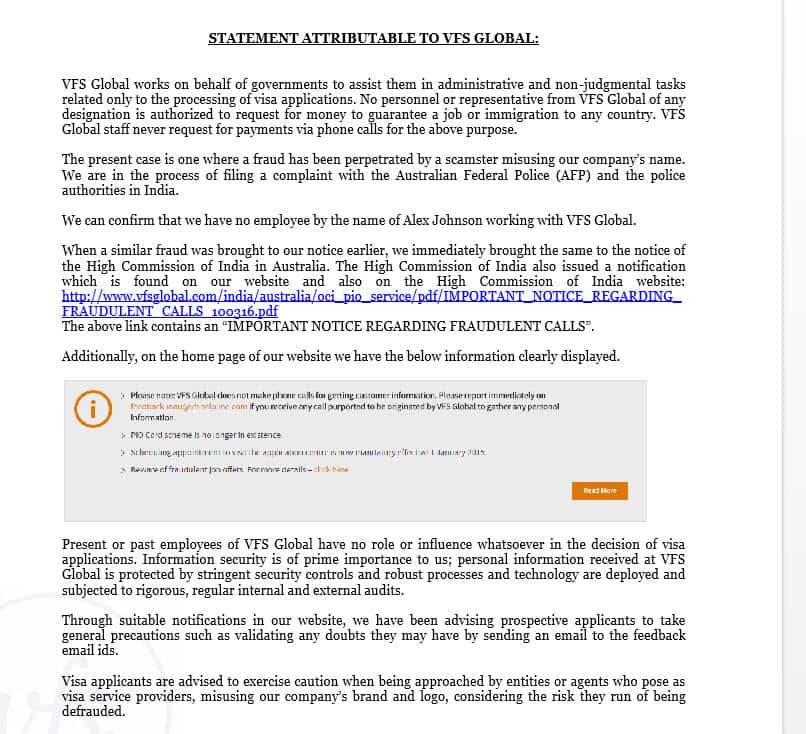 VFS Disclaimer Statement