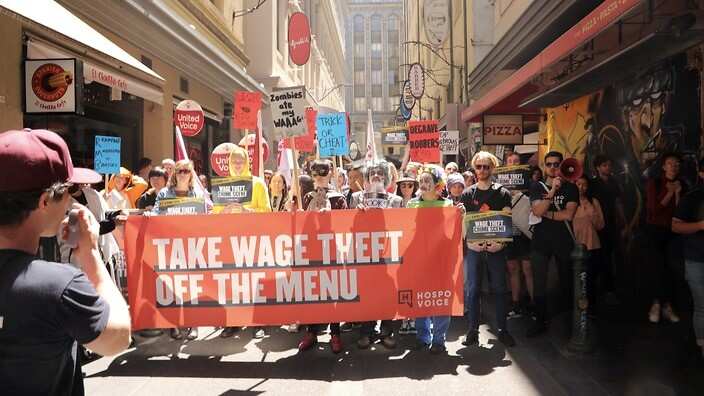 A protest staged by Hospo Voice in Degraves Street, Melbourne in October, 2018.