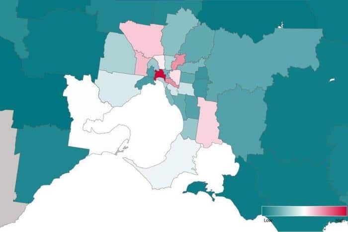 A map showing the coronavirus hotspots in Victoria as identified by the state's health department.