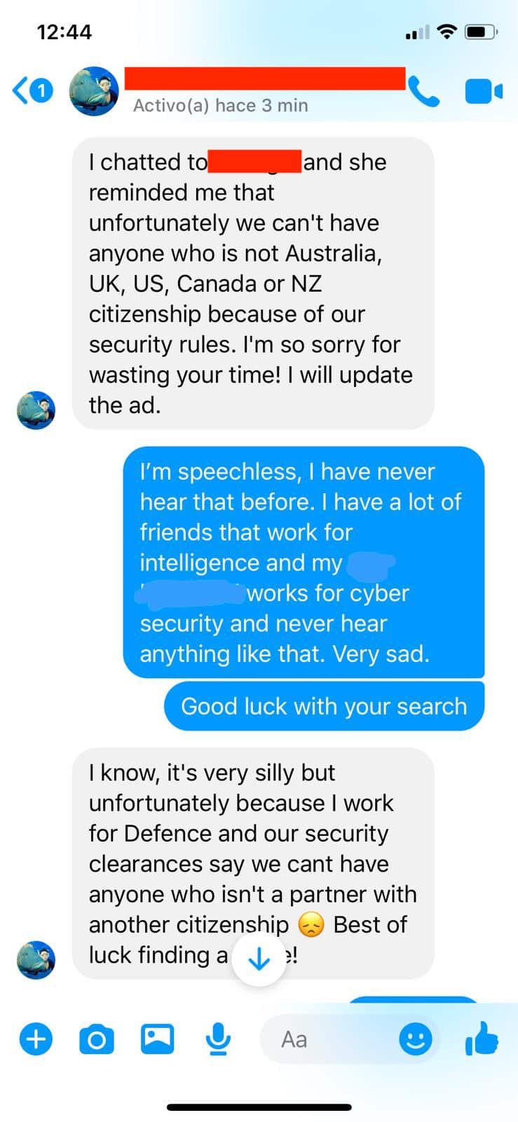 Captura de pantalla de la conversación entre Viry y las residentes que rechazaron su postulación.