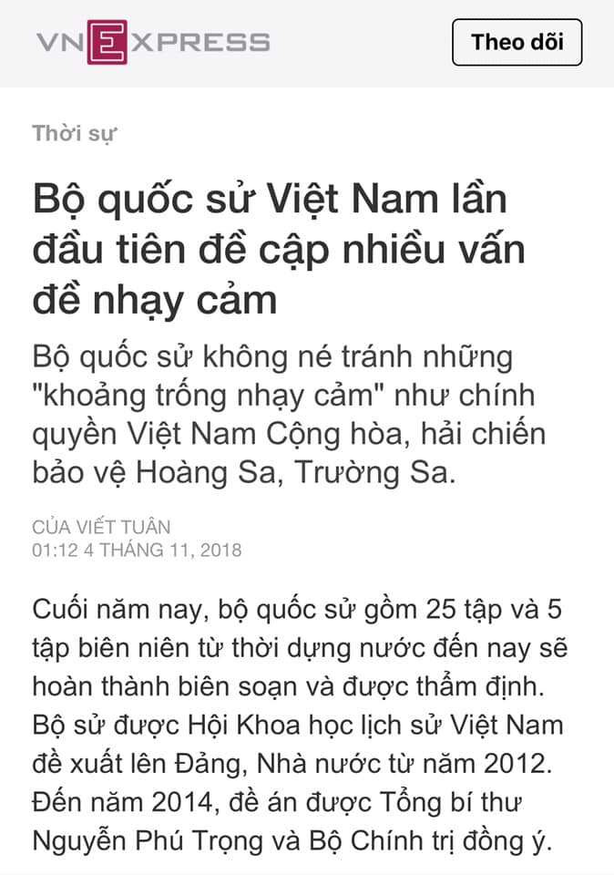 Bài báo về bộ sử Việt trên VN Express bị gỡ