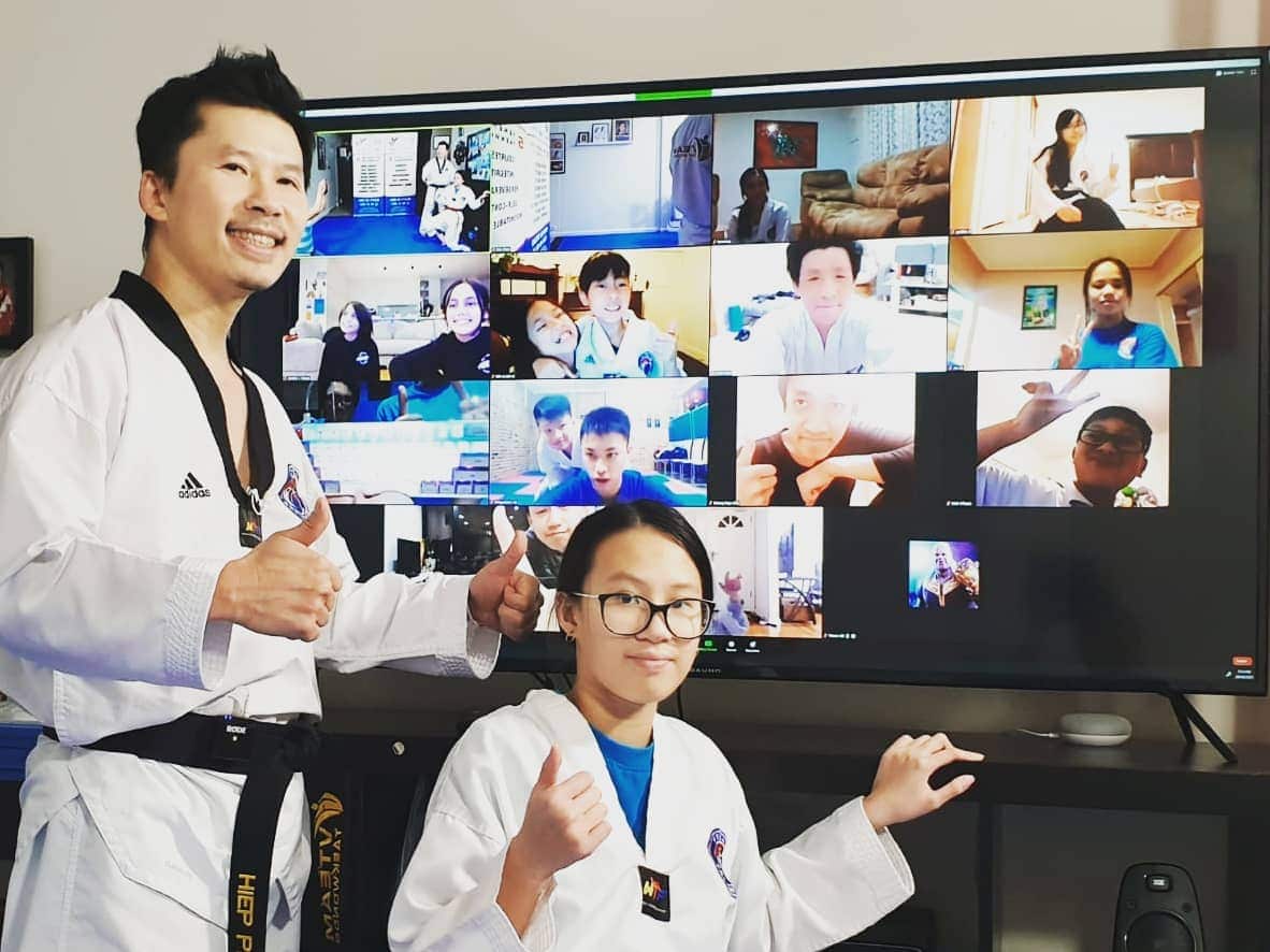Hiep Phan (left) in one of this online taekwondo classes.