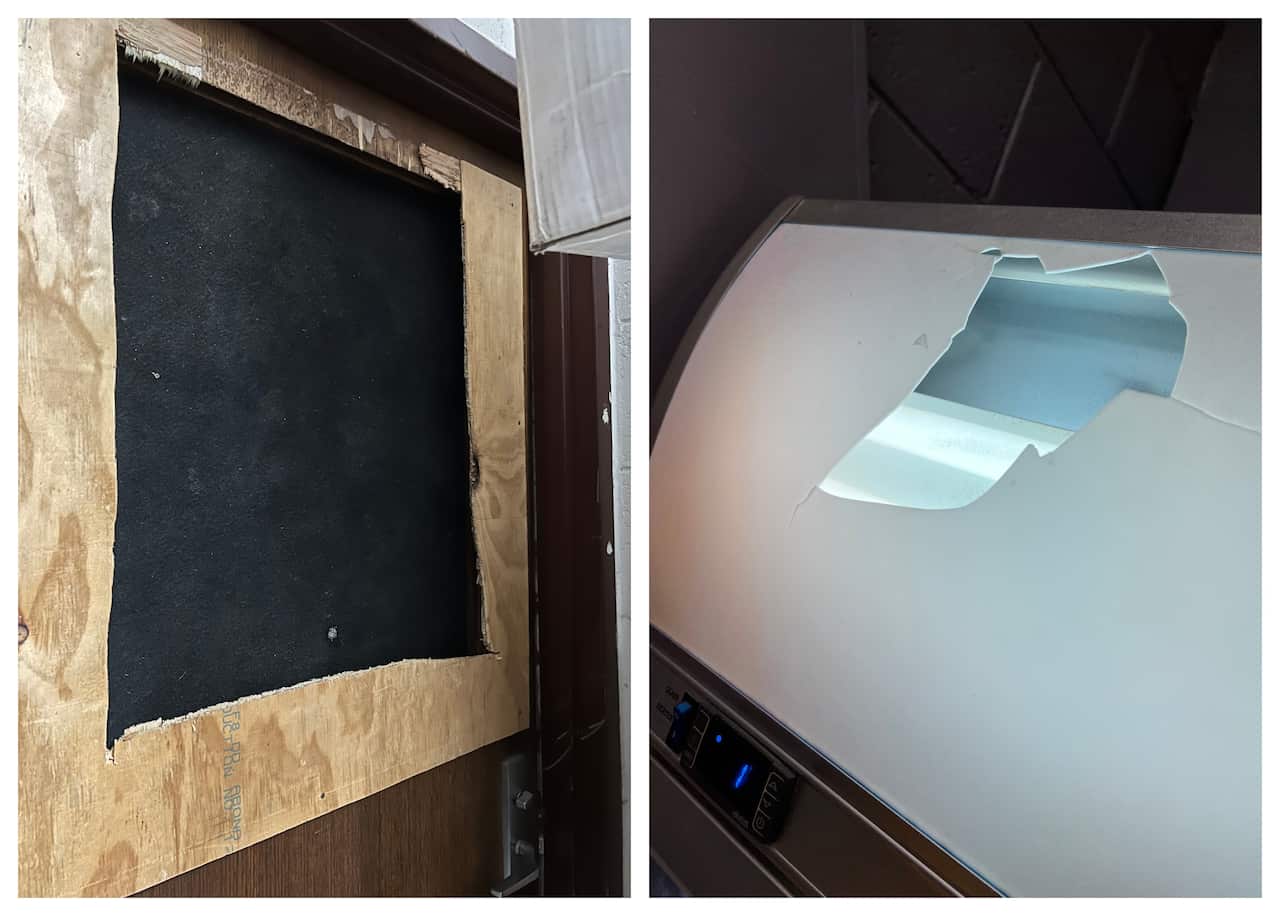 Mr Khatri has covered the hole in the door but says the broken freezer still needs fixing.