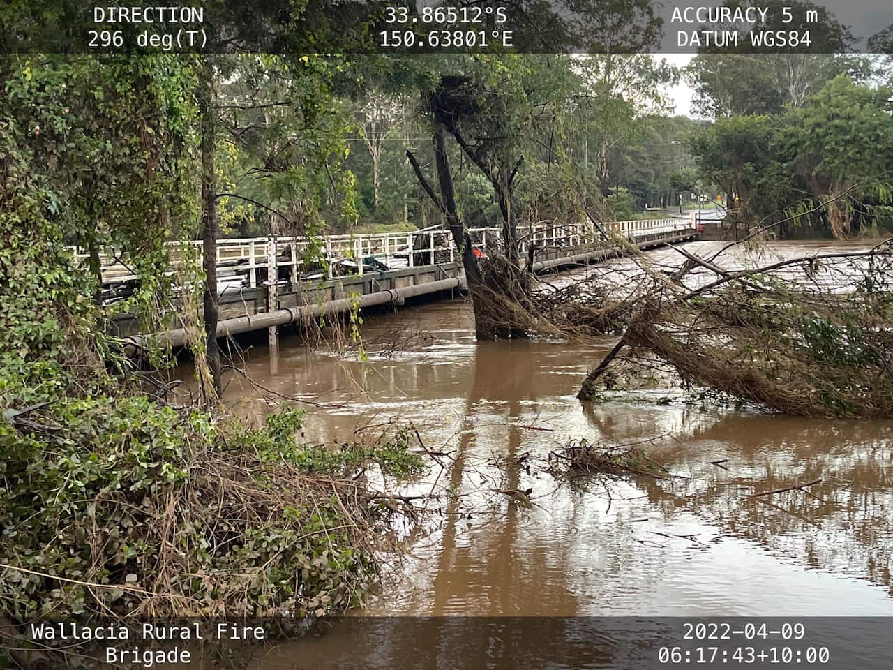 The Rural Fire service brigade in Wallacia in the Greater Western Sydney region of NSW responds to damage caused by flood waters overflowing at the Nepean River