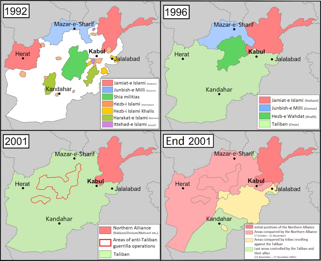 Generic scheme of the War of Afghanistan (1992–2001) in four maps, showing the major armed militias fighting for control of the country throughout the years until the October 2001 U.S.-led intervention in favour of the Northern Alliance.