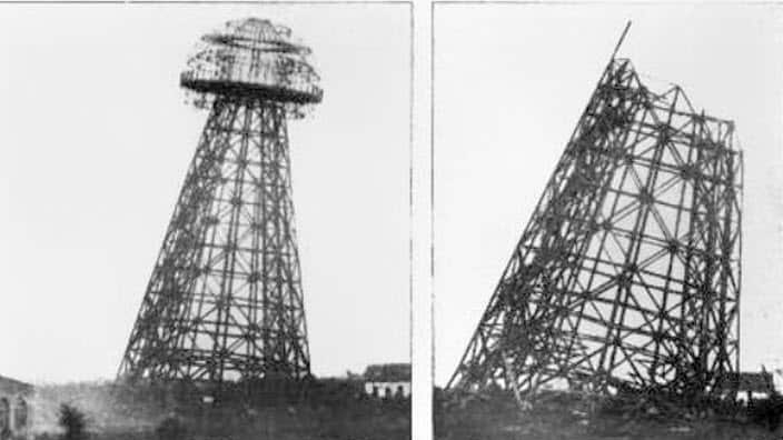 Tesla's Wardenclyffe Tower before and after it was taken down