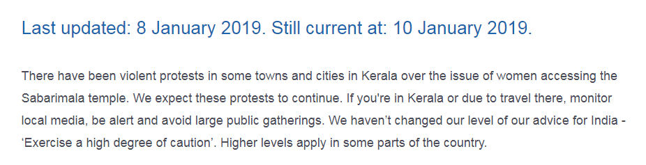 Sabarimala issue- Australia warns Kerala visit