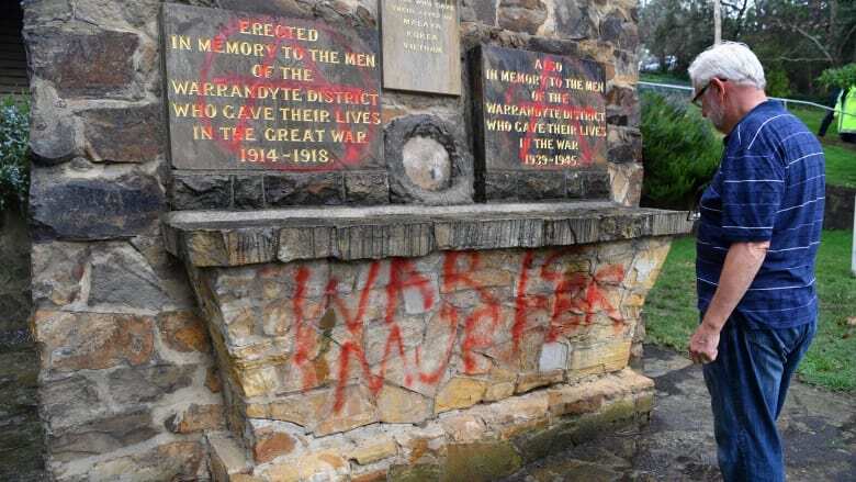 Warrandyte RSL president Henk Van Der Helm at the vandalised war memorial on the eve of Anzac Day 2017.