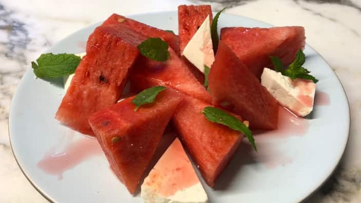 Watermelon salad with rose syrup