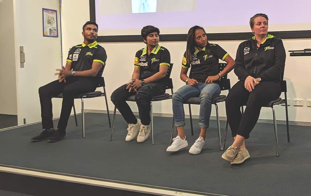 (L to R) Sydney Thunders cricketer Arjun Nair, Pakistan's Nida Dar, South Africa's Shabnim Ismail and New Zealand's Rachel Holly Priest.