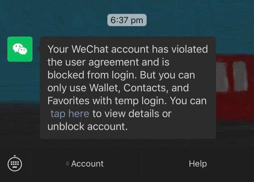 Melbourne resident Winson's WeChat account was blocked from login.
