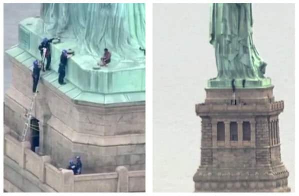 The woman climbed the statue shortly after a group of people were arrested for hanging a banner calling for abolishing Immigration and Customs Enforcement.