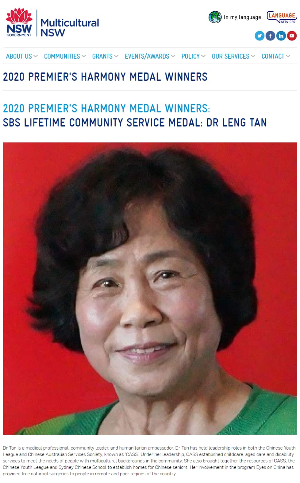 Chinese Doctor Leng Tan won 2020 PREMIER'S HARMONY MEDAL