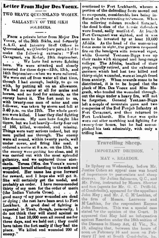A letter written by Major Des Voeux on 18 September 1897, published in the Western Star and Roma Advertiser on 27 October 1897