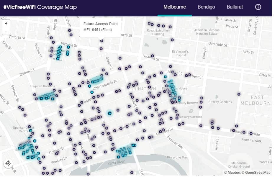 A map of the active Wi-Fi access points in Melbourne.
