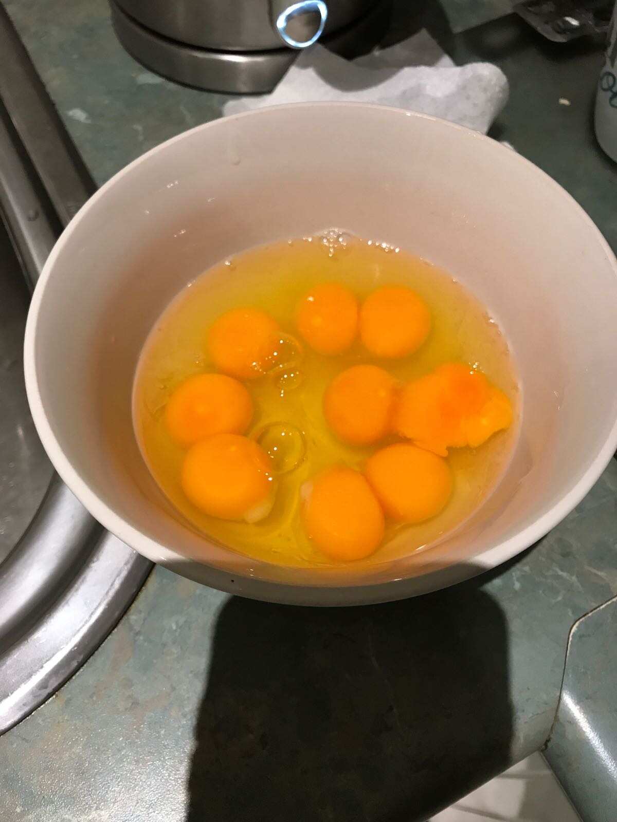 Nine yolks in five eggs
