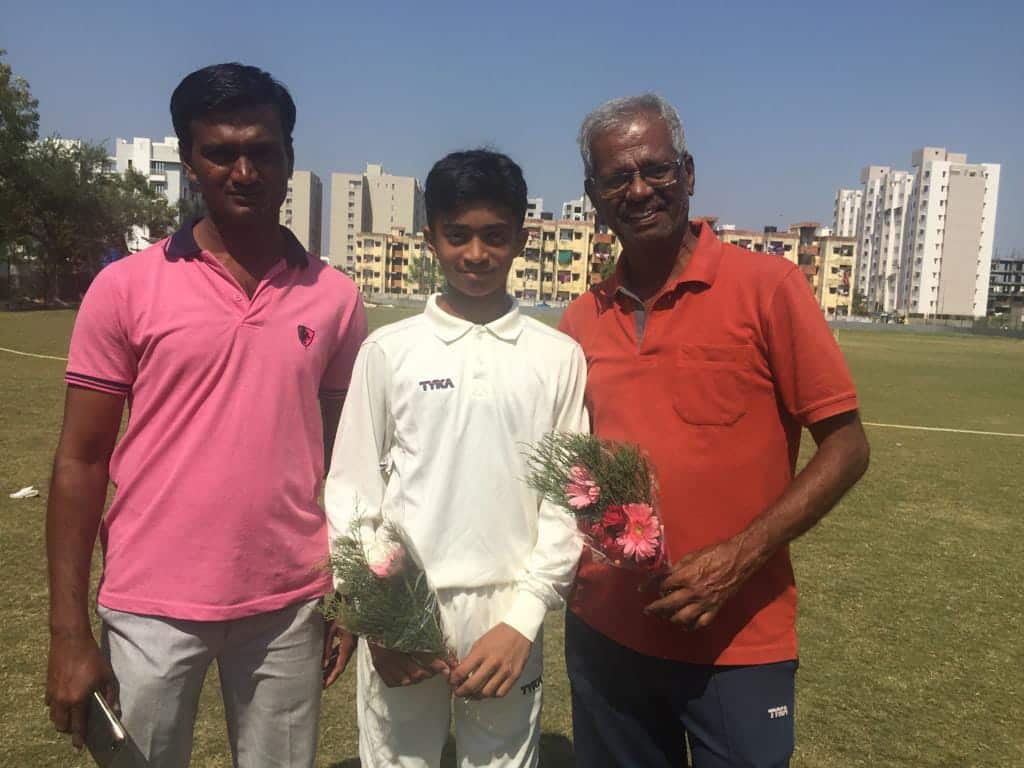 Priyanshu (C) with his father Sureshbhai (L) and coach (R) after playing memorable innings. 