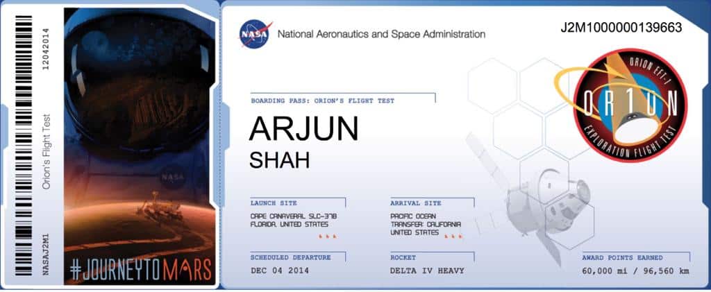 Boarding pass issued by NASA.