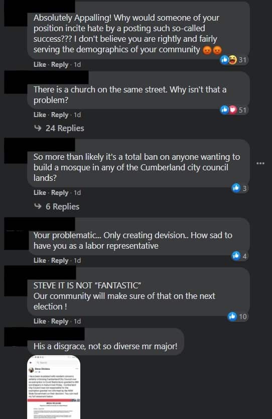 Hundreds left comments on Mayor of Cumberland Steve Christou's facebook page, some of which were angry, regarding his comments about the Mosque rejection.
