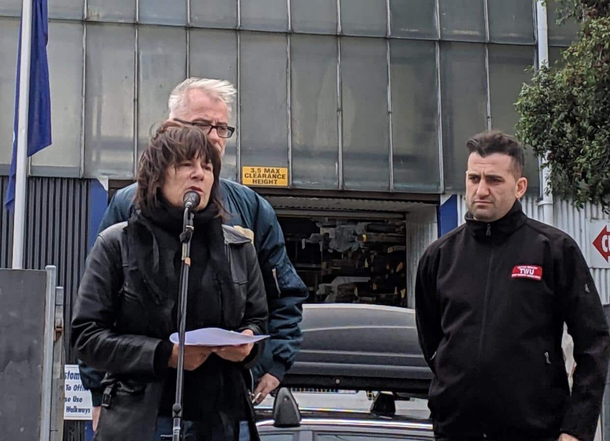 Rideshare Driver Network Debra Weddall speaking at the Uber protest in Melbourne, 2019.