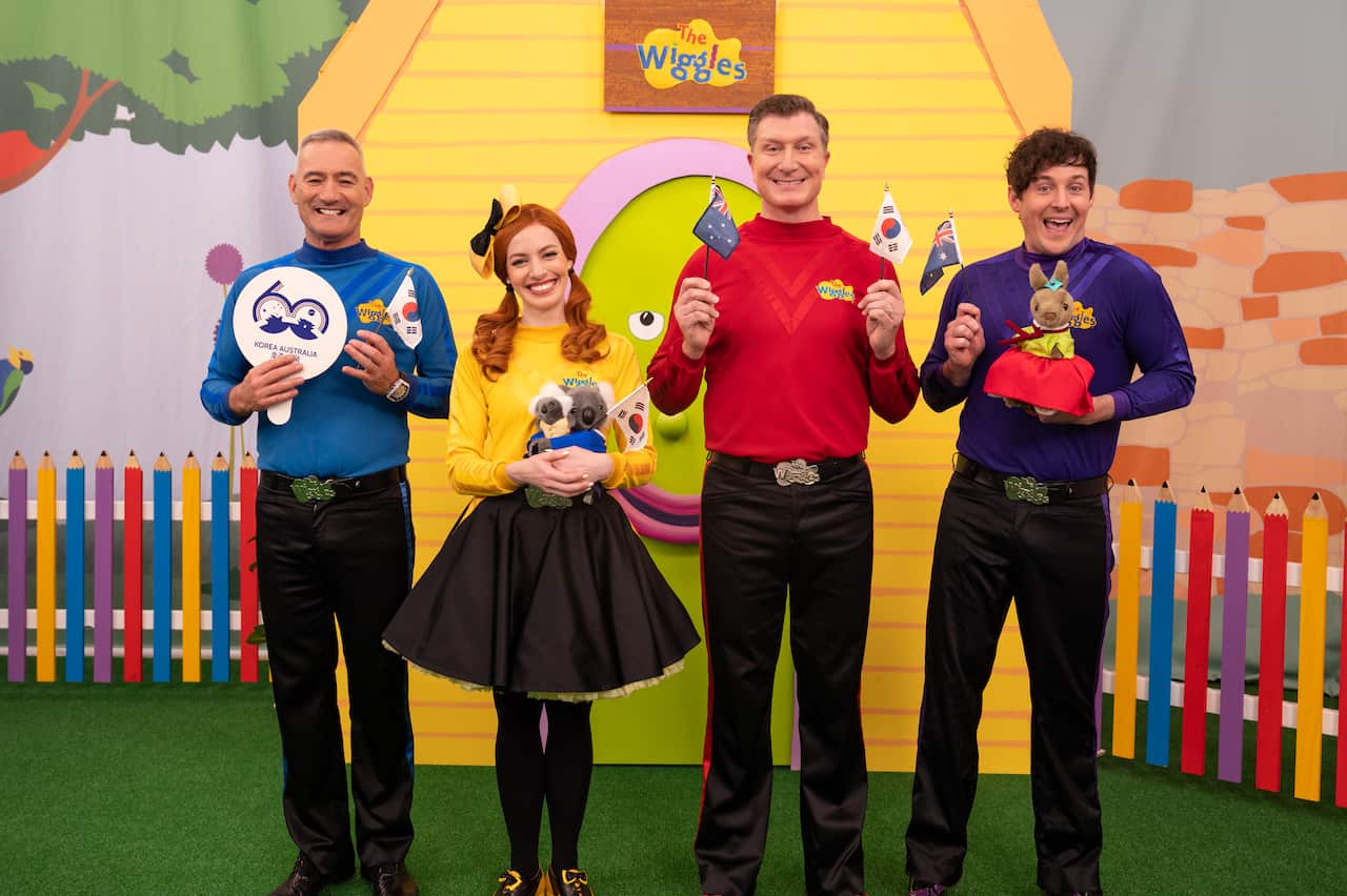 Australian children's music group the Wiggles, Anthony Field(Blue), Emma Watkins(Yellow), Simon Pryce(Red) and Lachlan Gillespie(Purple)