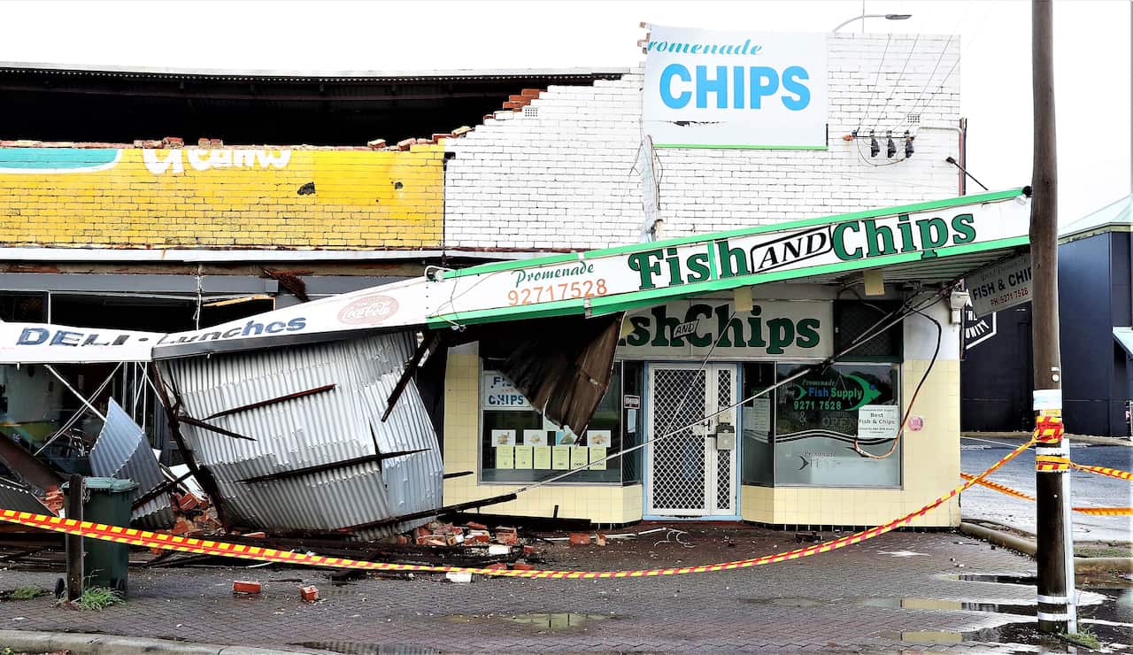 A row of shops on Grand Promenade in Bedford which were damaged by storm weather on Sunday are seen in Perth, Monday, May 25, 2020.