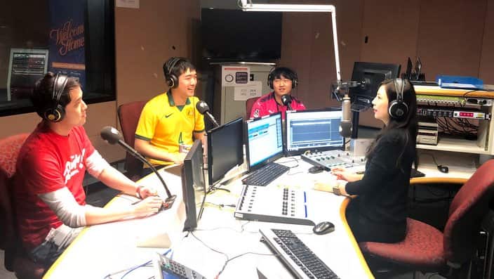 SBS Korean program's 2018 FIFA World Cup panel in Sydney, Jeremy Eom,  Jun Lee, Bryant Yoon and SBS producer Leah Na 