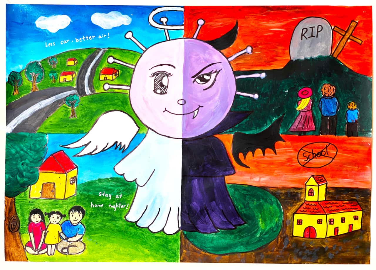 Half devil, half angel,  COVID-19 virus in Rebecca's eyes