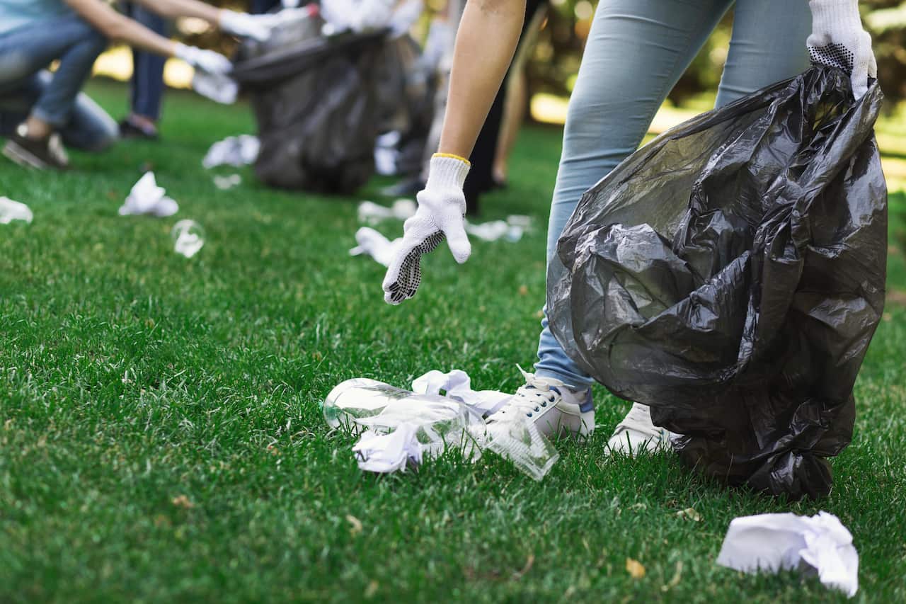 Young volunteers collecting garbage in suumer park