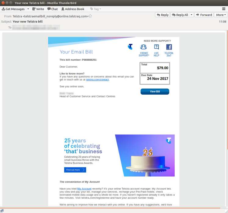 Convincing e-mail phishing scam targeting Telstra customers